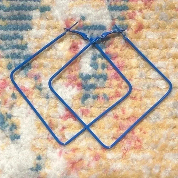 Cobalt Blue Retro 80’s Large Stainless Steel Square Hoops Earrings NWT - Picture 1 of 2